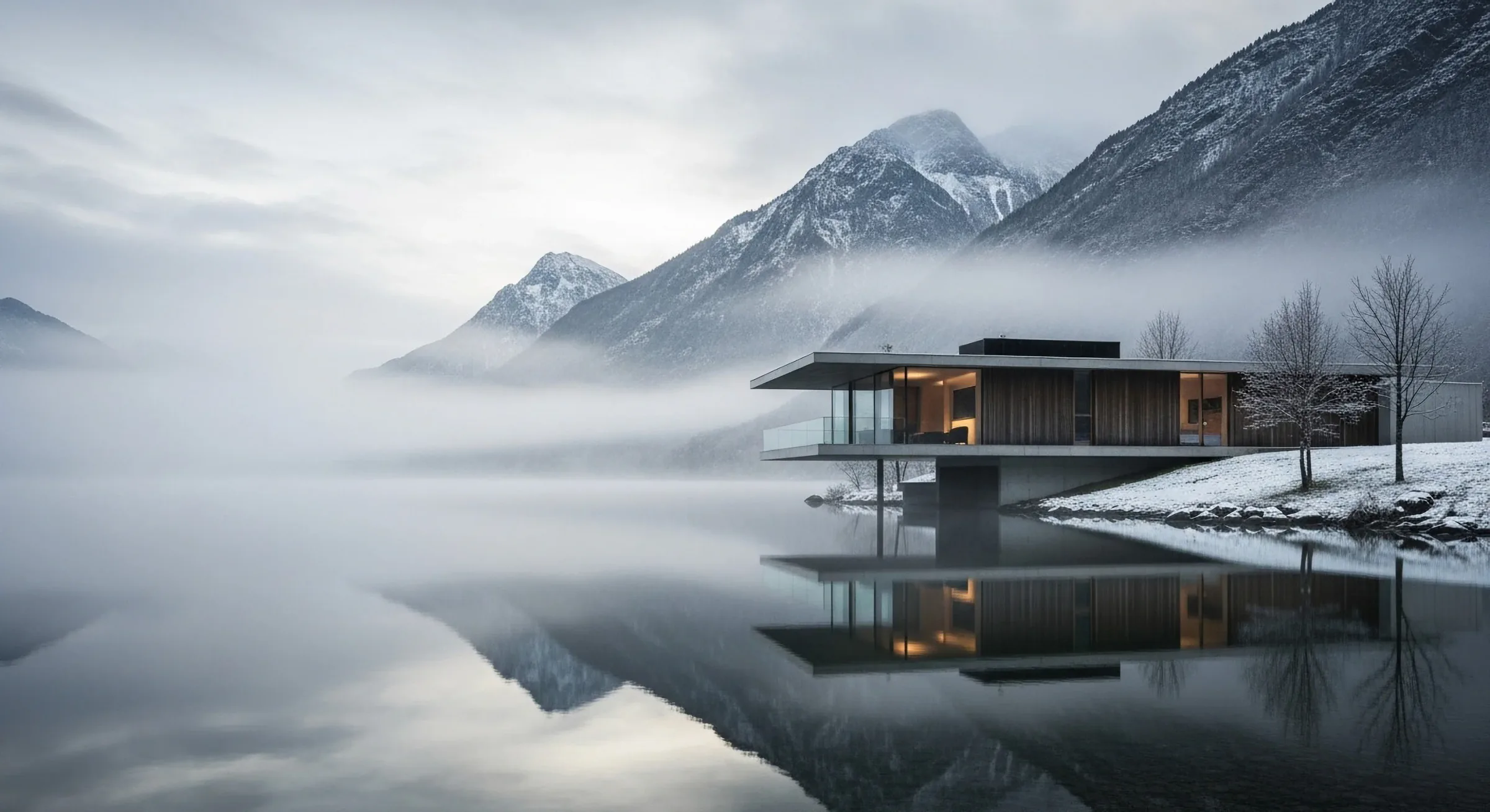 Dark timber-and-glass house beside a still lake, with mist crossing snow-covered mountains.