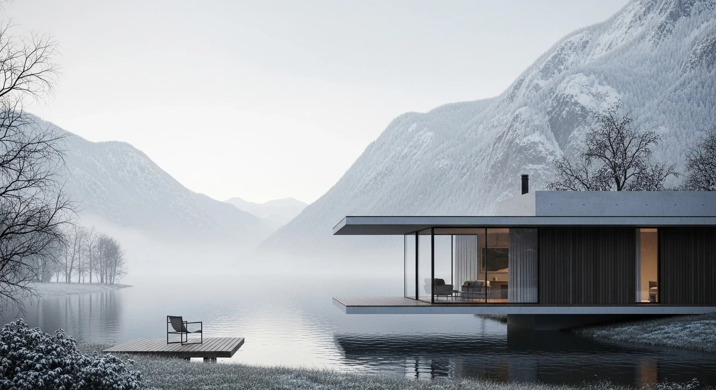 Glass-and-timber house extending over a lake in a snowy mountain landscape.