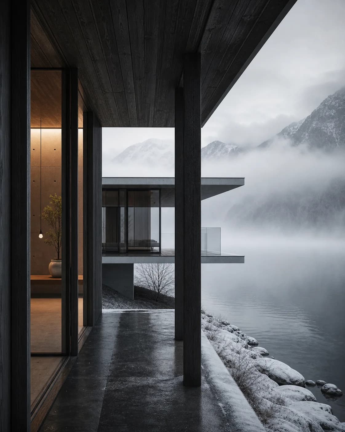 Sheltered timber threshold beside a misty alpine lake, seen in a vertical winter view.