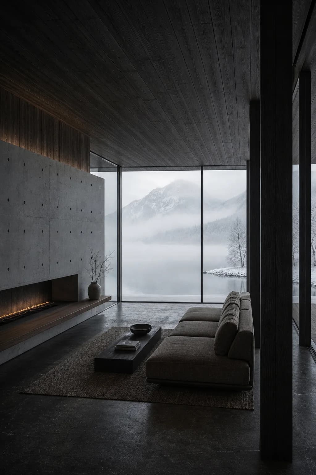 Dark timber living room with a concrete hearth and full-height view of a fog-covered snowy lake.