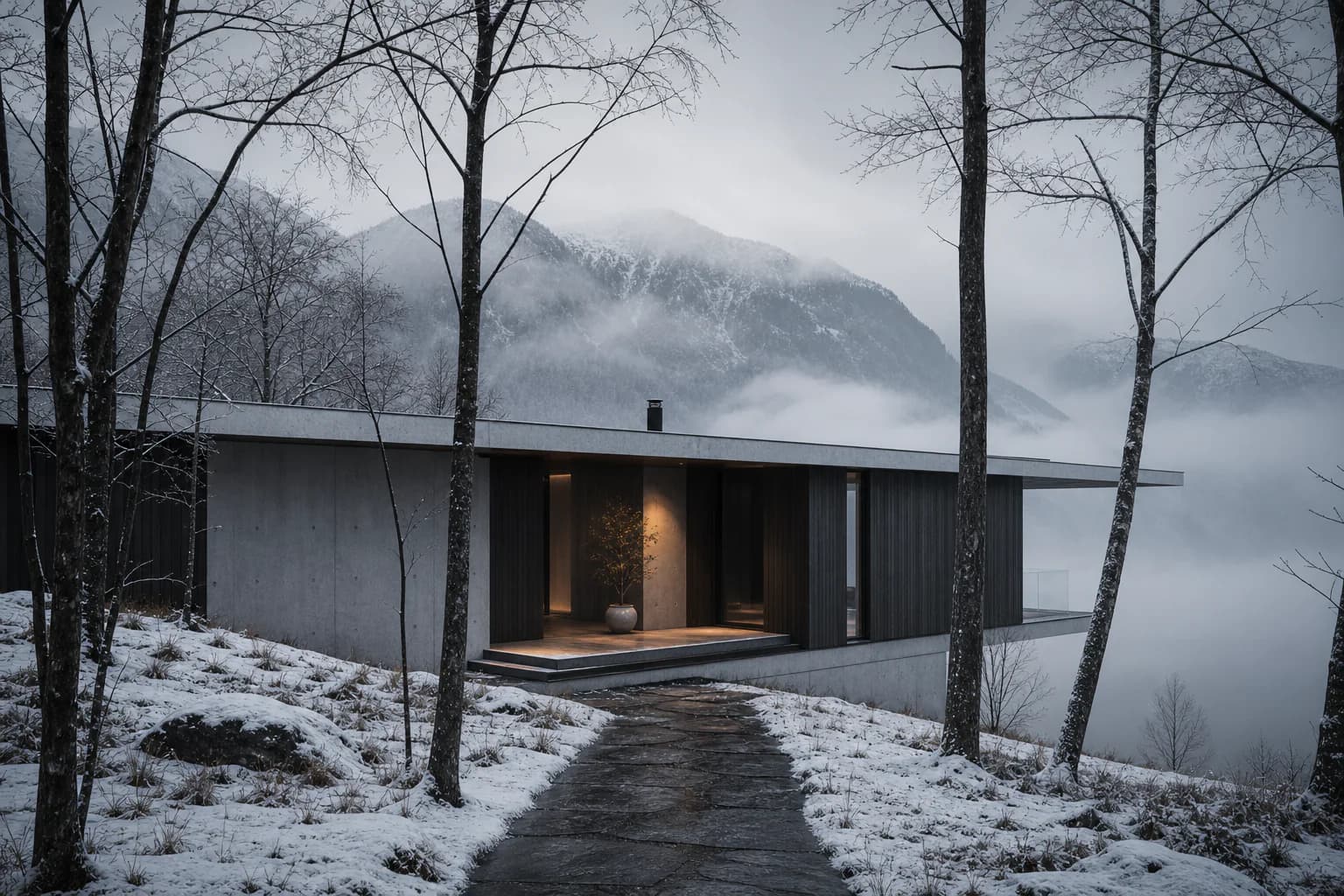 Low timber-and-concrete house revealed between bare trees at the end of a snow-dusted path.