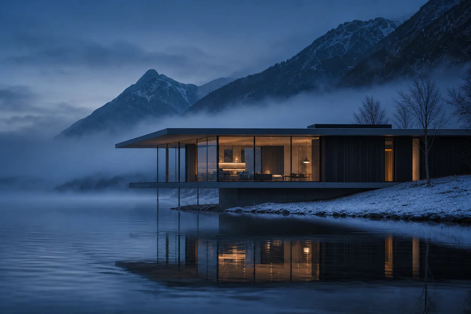 Lakeside house glowing softly beneath a blue winter sky, reflected in dark water.
