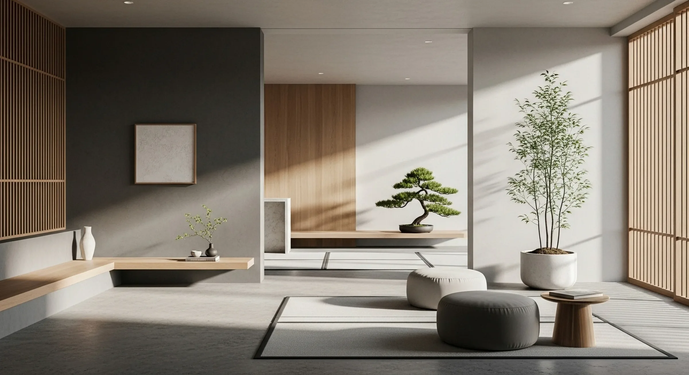 Minimal living room with timber screens, low seating and two potted trees in angled sunlight.