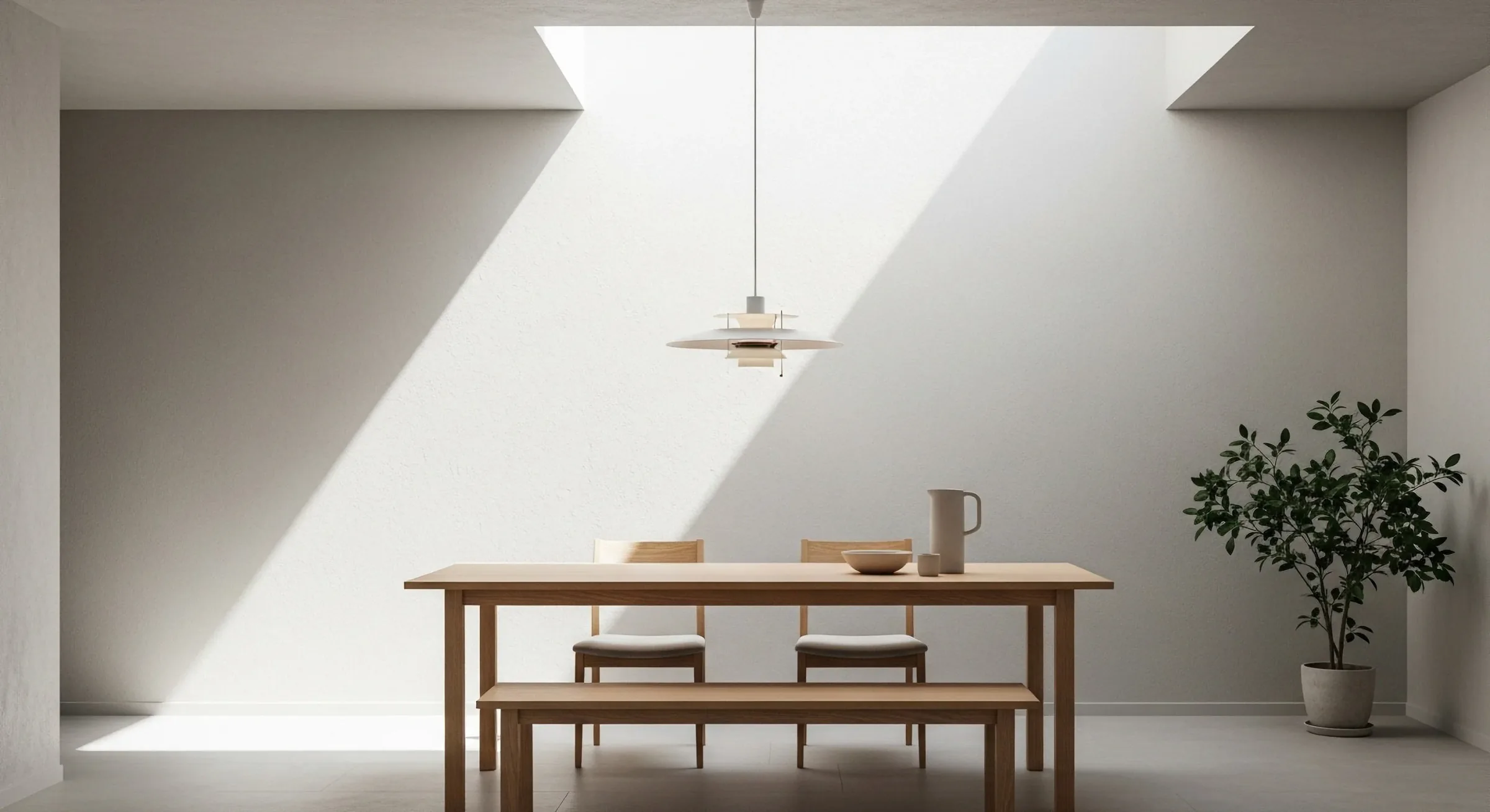 Wooden dining table below a roof light in a pale room, with a potted tree at the edge.