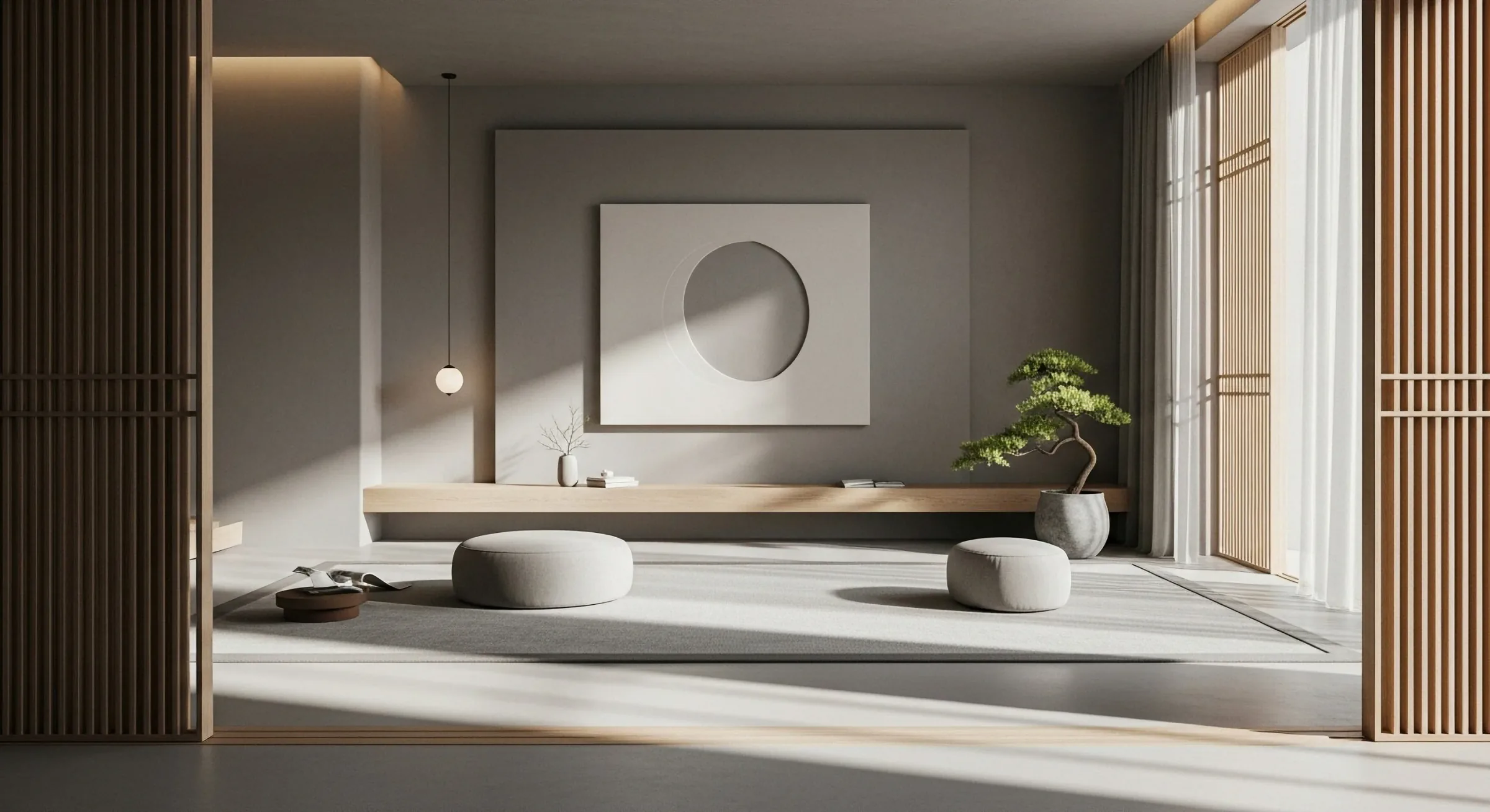 Calm living room framed by timber screens, with low seating, circular wall art and a potted tree.