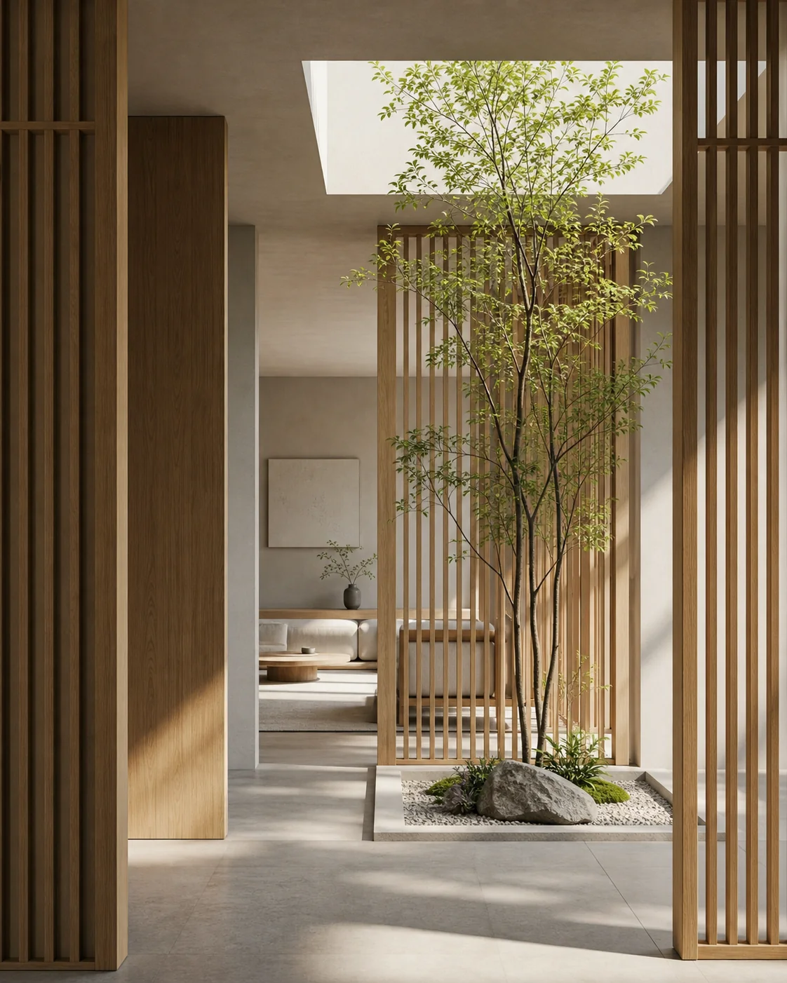 Slender courtyard tree rising through a roof opening between oak screens and pale stone surfaces.