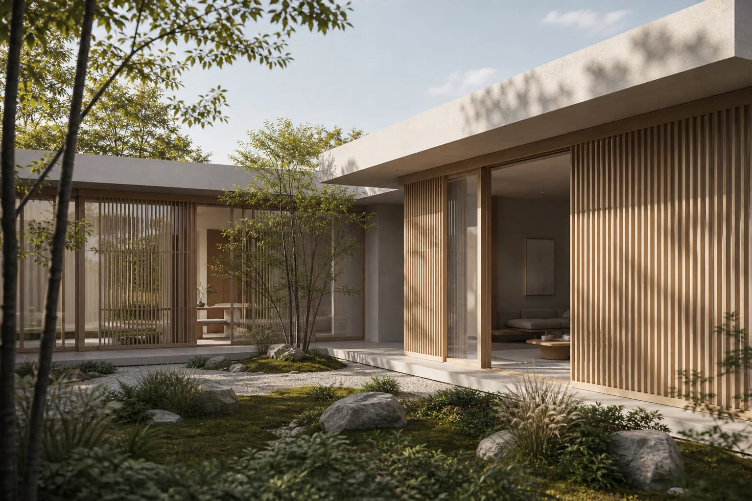 Low house wrapping a planted courtyard with oak screens, pale stone and broad garden openings.