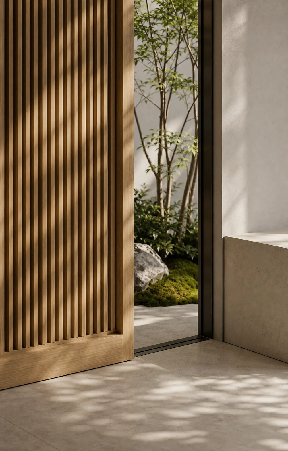 Vertical threshold detail of oak slats, pale stone and filtered foliage beside the courtyard.