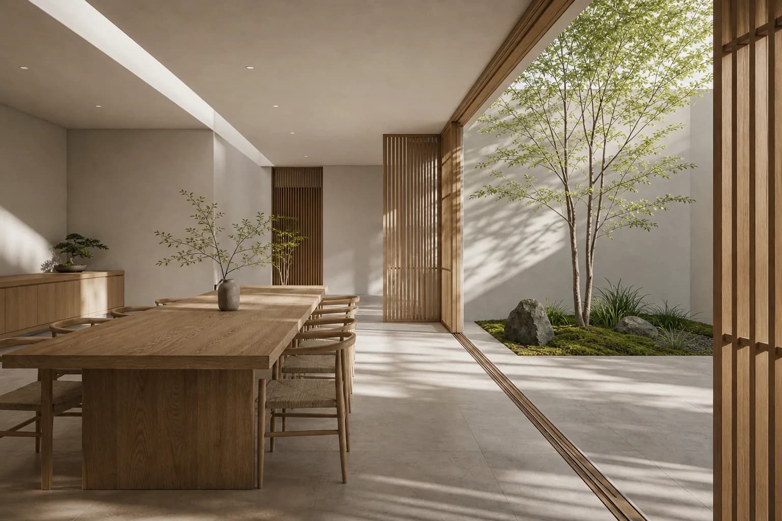 Long dining room opening directly onto the planted courtyard through full-height glass.