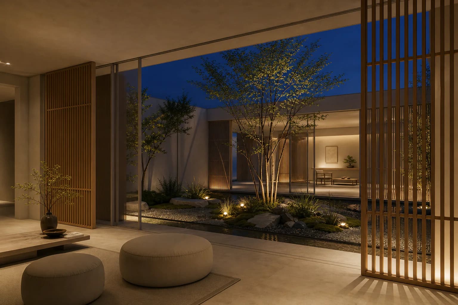 Courtyard tree and adjoining rooms glowing softly through oak screens at night.