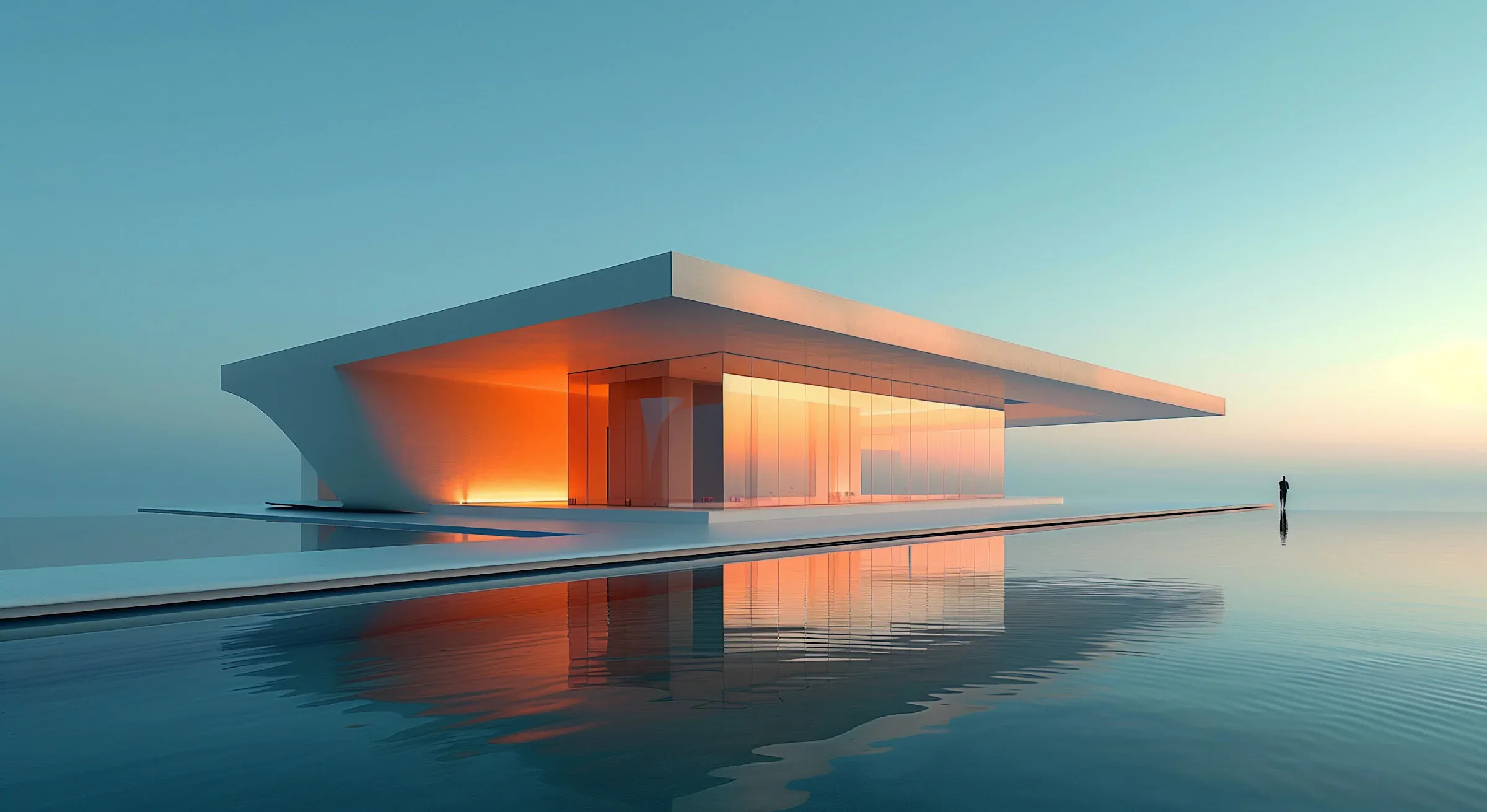 Low white pavilion with a broad cantilevered roof, warm interior light and a reflection on water.