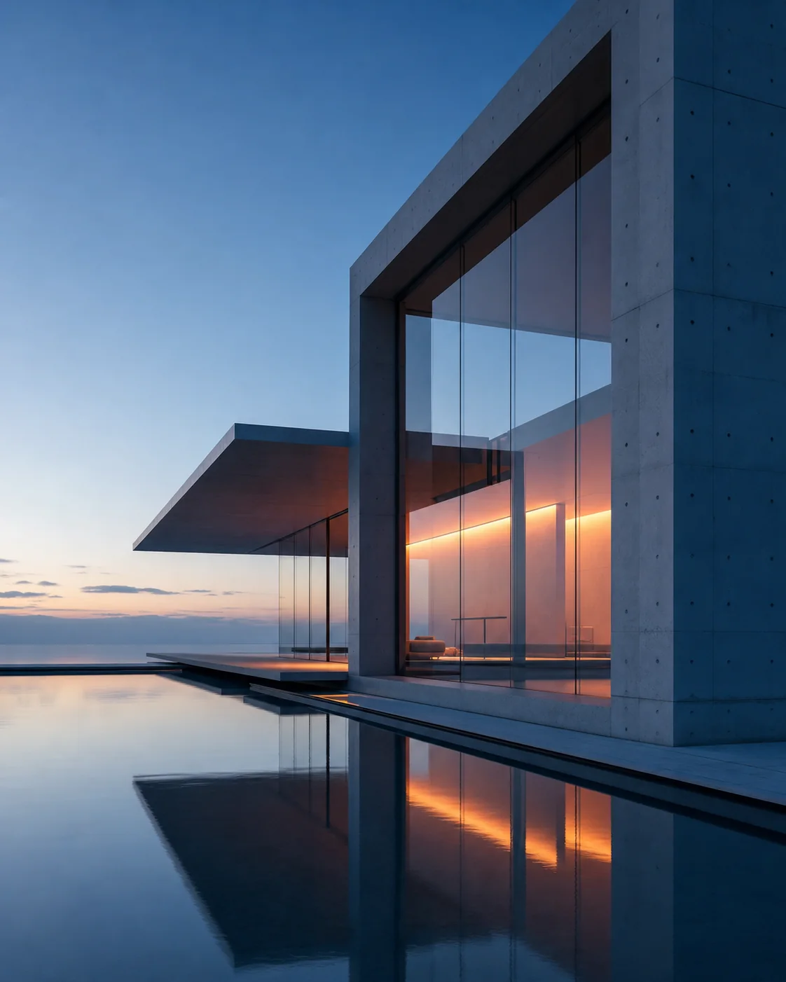 Tall concrete portal and glazed corner meeting a reflecting pool in a vertical blue-hour view.