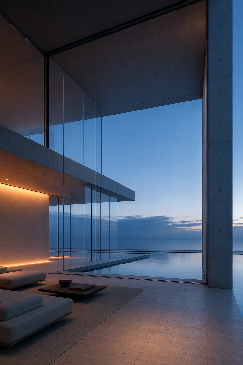 Double-height pavilion interior framed by concrete and glass, looking across still water at blue hour.