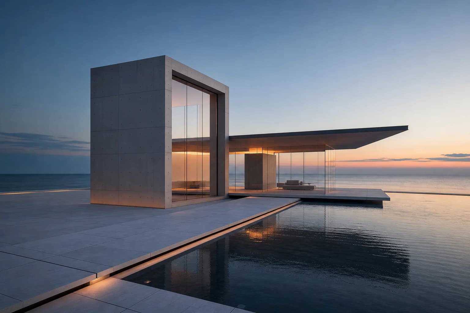 Elevated oblique view of the concrete-and-glass pavilion, pale platform and reflecting pool at dusk.