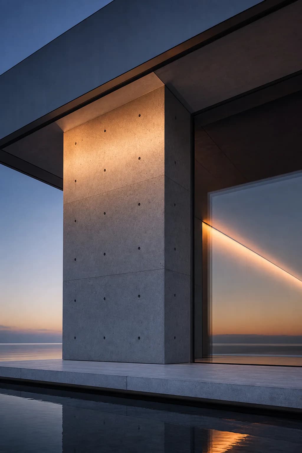 Close view of a board-formed concrete pier, thin roof edge and glass seam above reflective water.