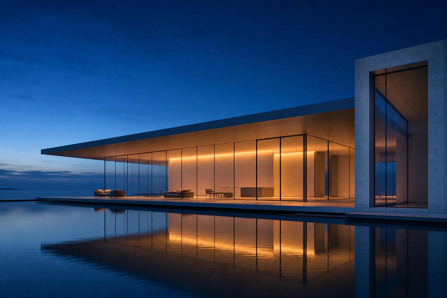 Long glazed pavilion glowing amber across a dark reflecting pool at nightfall.